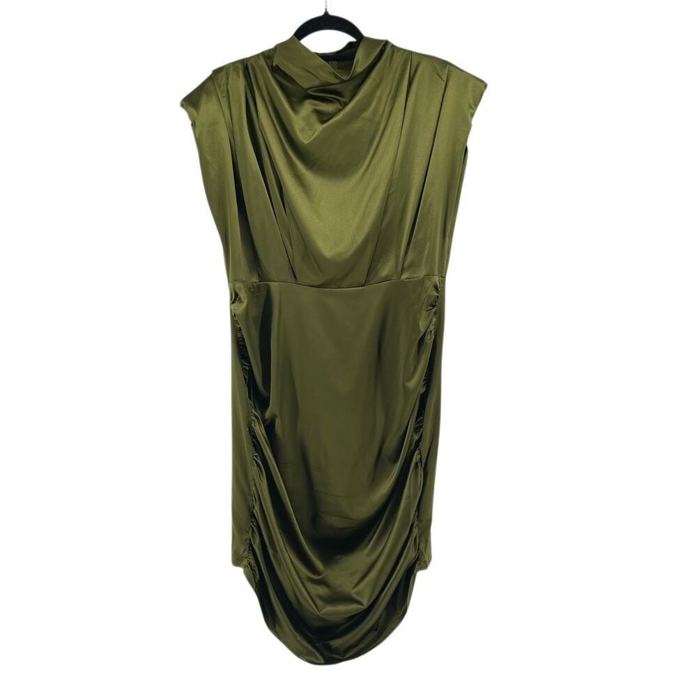 Olive Satin Draped Ruched Mini Dress XL Cowl Neck Cocktail Wedding Guest - Picture 2 of 15
